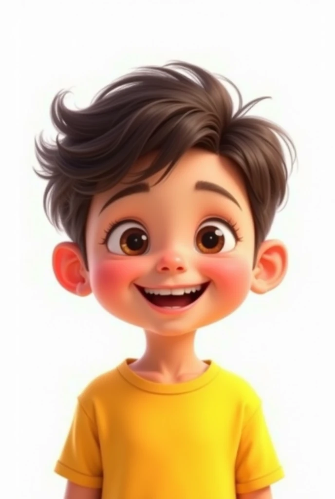 a child smiling, with a yellow shirt, in the disney pixar model, num fundo branco