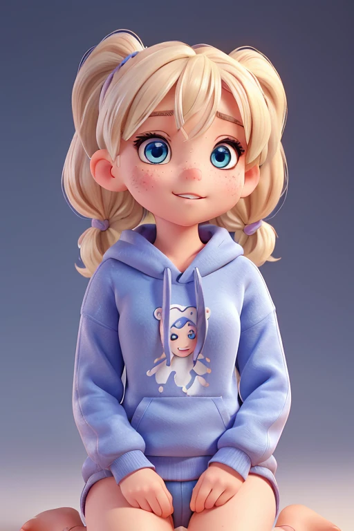 (Nsfw), best quality, expressive eyes, perfect cute face, 18yo girl, cute, short wavy hair, platinum blonde, with Pigtails, blue eyes, freckles on her face, wearing a sweatshirt, "Kyokutanna", without pantie, vagina visible, sitting with her legs open. granblue fantasy style. Sexy