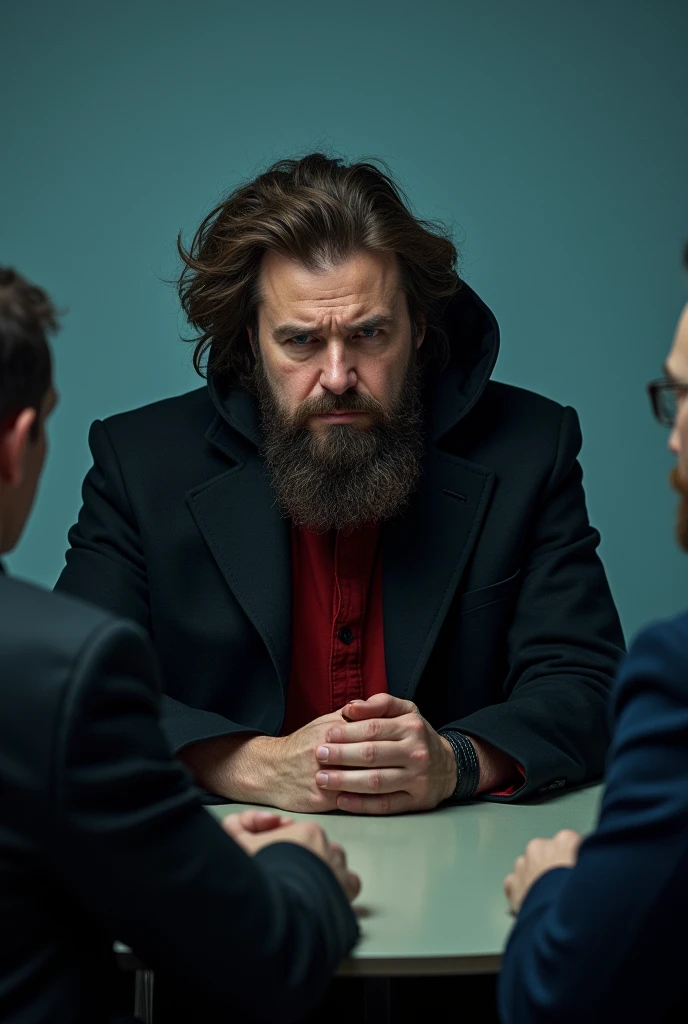 Create Luke A New Man, bearded man with a large tuft to the side but brown, your look is sad and depressed, without hope, because he accidentally caused the death of his son.He wears a black coat and the hood is on his head, Red shirt that is hard to see and a black bracelet on the right hand. Your hands are on a circular table where two more men are sitting.. The photo only shows the backs of the two men, while luke appears (half up) and behind is a blue wall