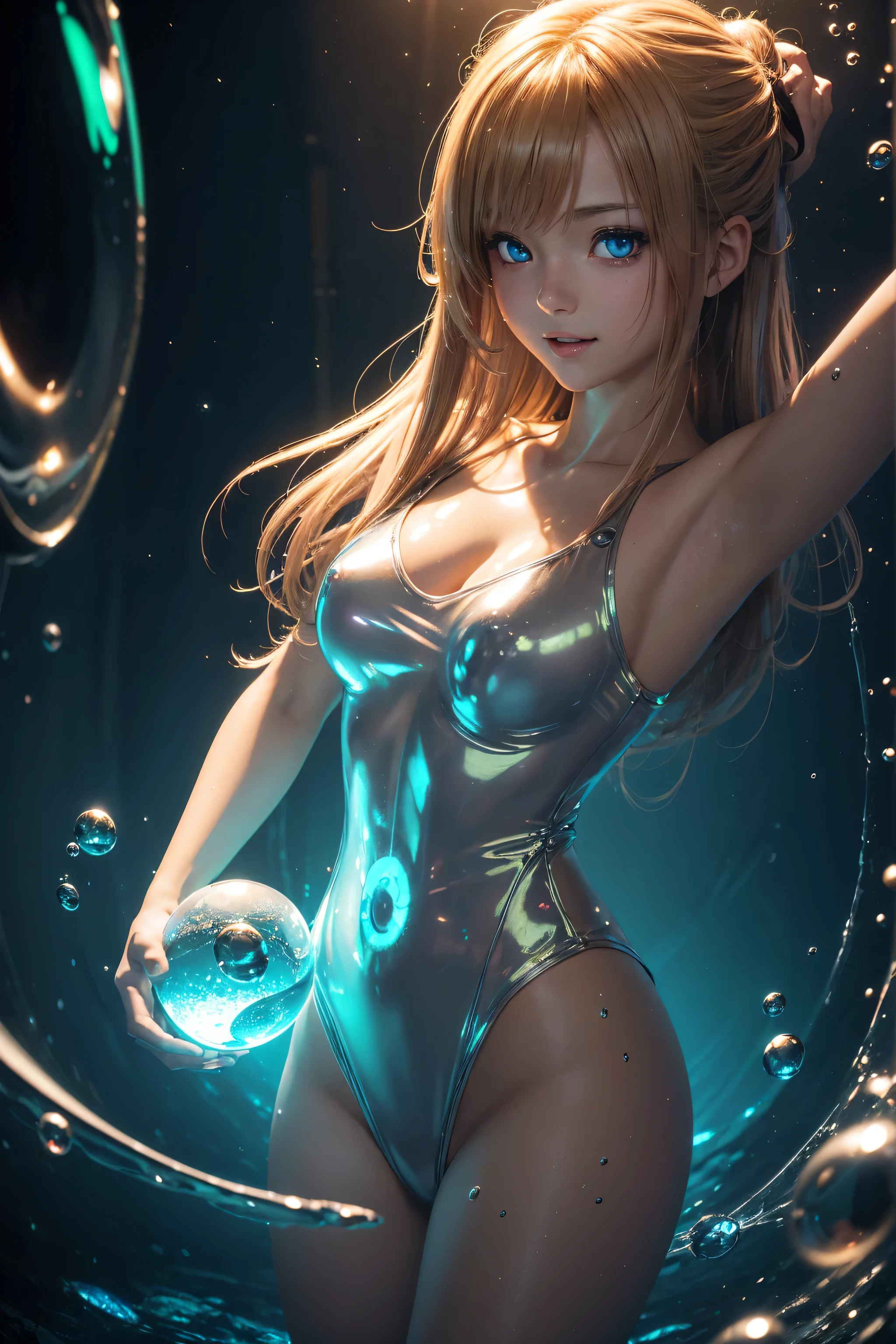 Masterpiece, high resolution, anime style beautiful girl, being in a dirty beaker, immersed in liquid, homunculus, magic circle, small room with phosphorescent flash, perfect beautiful girl, luminous from within, staring at the viewer, laughter, 3d rendering, perspective, amazing anime illustration, impressive lighting, fantastic, dangerous, monstrous