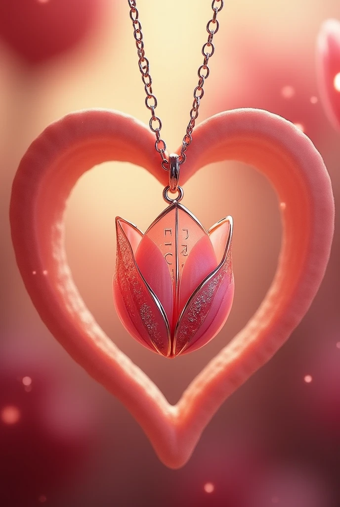 in a beautiful heart frame "I" ve "h" a necklace design with letters hidden inside a tulip flower, a necklace made of silver material