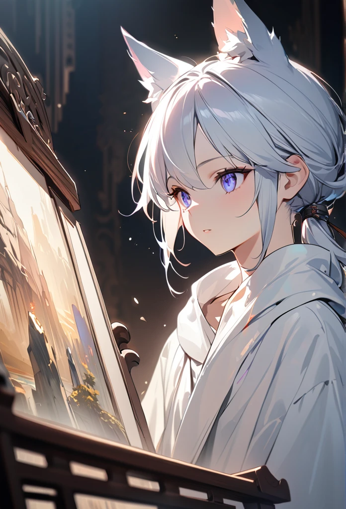 1 boy with wolf-like ears, long white hair tied up with a delicate Appearance Asian-style hair Far away Tied 21 years old, pale skin, captivating purple-blue eyes, soft youthful expression, wearing delicate flowing white robes, central composition, serene contemplative pose, neutral minimalist backdrop, gentle elegance and mysticism, blend of traditional Chinese and supernatural elements, detailed facial features, (best quality,4k,8k,highres,masterpiece:1.2),ultra-detailed,HDR,UHD,studio lighting,ultra-fine painting,sharp focus,physically-based rendering,extreme detail description,professional,vivid colors,bokeh,portraits,fantasy,ethereal,concept art, Do it holding a katana looking forward outdoors