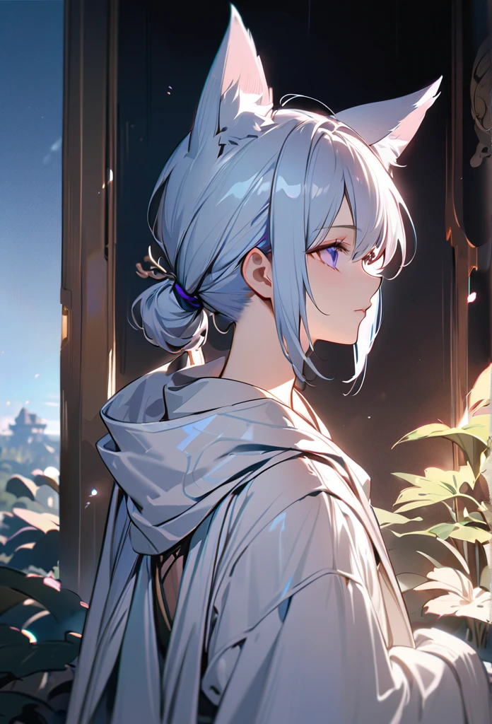 1 boy with wolf-like ears, long white hair tied up with a delicate Appearance Asian-style hair Far away Tied 21 years old, pale skin, captivating purple-blue eyes, soft youthful expression, wearing delicate flowing white robes, central composition, serene contemplative pose, neutral minimalist backdrop, gentle elegance and mysticism, blend of traditional Chinese and supernatural elements, detailed facial features, (best quality,4k,8k,highres,masterpiece:1.2),ultra-detailed,HDR,UHD,studio lighting,ultra-fine painting,sharp focus,physically-based rendering,extreme detail description,professional,vivid colors,bokeh,portraits,fantasy,ethereal,concept art, Do it holding a katana looking forward outdoors