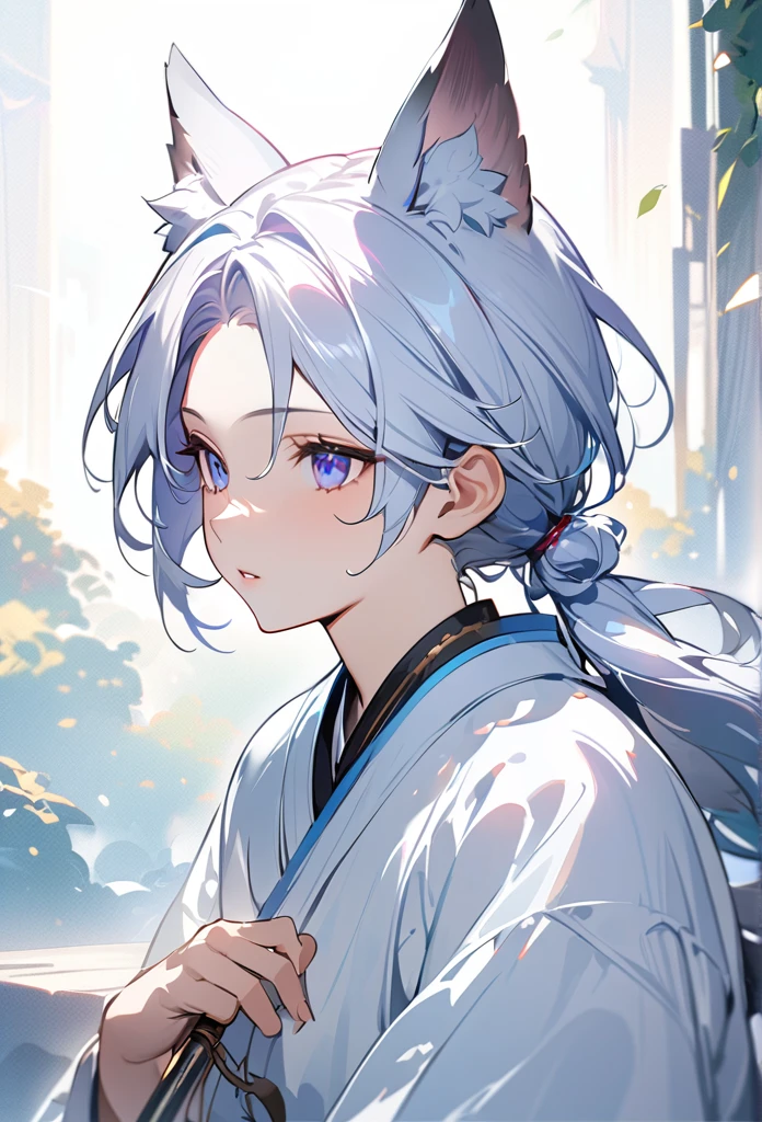 1 boy with wolf-like ears, long white hair tied up with a delicate Appearance Asian-style hair Far away Tied 21 years old, pale skin, captivating purple-blue eyes, soft youthful expression, wearing delicate flowing white robes, central composition, serene contemplative pose, neutral minimalist backdrop, gentle elegance and mysticism, blend of traditional Chinese and supernatural elements, detailed facial features, (best quality,4k,8k,highres,masterpiece:1.2),ultra-detailed,HDR,UHD,studio lighting,ultra-fine painting,sharp focus,physically-based rendering,extreme detail description,professional,vivid colors,bokeh,portraits,fantasy,ethereal,concept art, Do it holding a katana looking forward outdoors