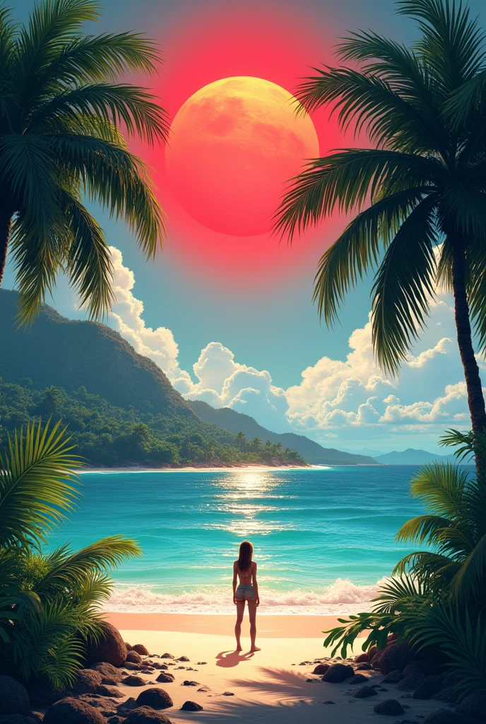 Sunny Island Isolated Island Coconut Trees Red Sun