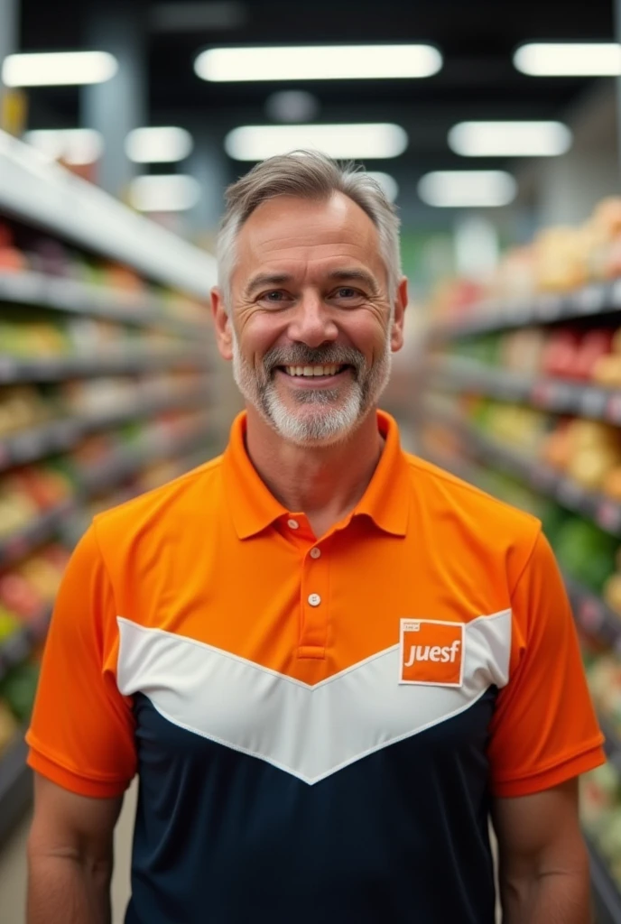a man wearing an orange, black and white polo shirt wearing a supermarket uniform with a blurred background