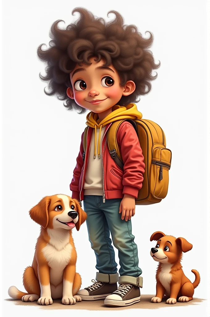 A 8 yearsing student with backpacks happy big hair with several puppies