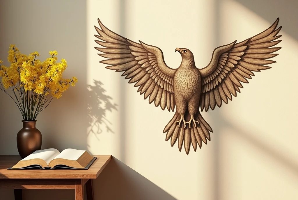 a beige wall with an eagle design on the wall, the drawing must be in the right corner of the wall, in the left corner a table with a vase with mustard seed flower and an open Bible