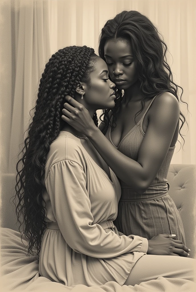 Drawing of a black woman braiding another woman&#39;s hair 