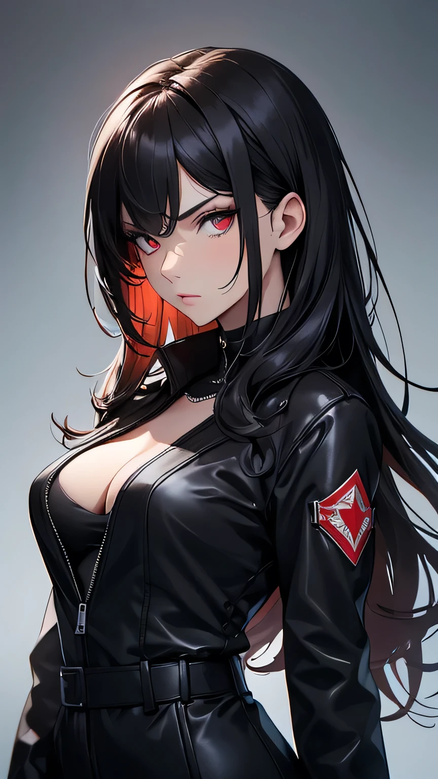 ((Highest quality)), Ultra-high resolution,Adult women, alone, sexy, (Stern face), (Red eyes), Beautiful face in every detail,(High resolution detail of human skin texture), (Black irregular long hair), Black coat,Suit pants,A mercenary woman,(have a gun in hand),Realistic:1.4,Realistic:1.4,Dark room,((masterpiece)),Perfect and detailed eyes
