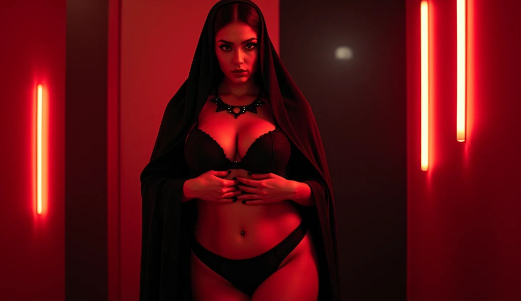a woman in the translucent night gown, half naked, nipple on with nipple piercing, shibari,tied with red satin rope,wearing satin hijab, full body,mermaid tight long gown, flowy dramatic long gown,very long flor length gown, tall women, in luxury bedroom , sexy face, sexy pose, wear high heels, masterpice