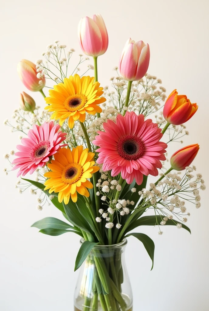 A bouquet of flowers with gerberas, tulips, little clouds