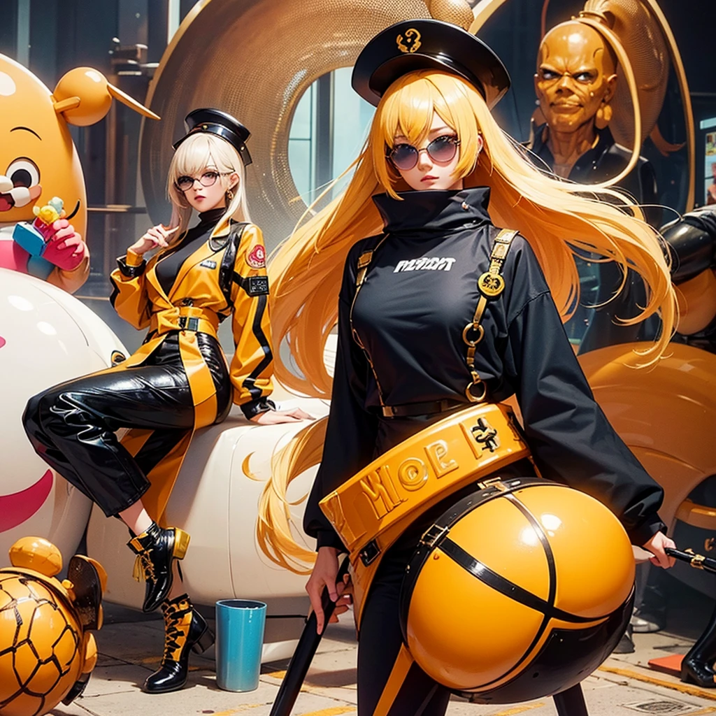 A unique fusion of anime characters, featuring Cynthia and Mr. Peanut. Cynthia is shown with blonde hair, a stylish outfit, and her signature sunglasses. She is fused with Mr. Peanut, who has an anime-style design, wearing a peanut-shaped hat and having a humanoid body. The overall artwork has a vibrant color palette, and the fusion character exudes confidence and charisma.,