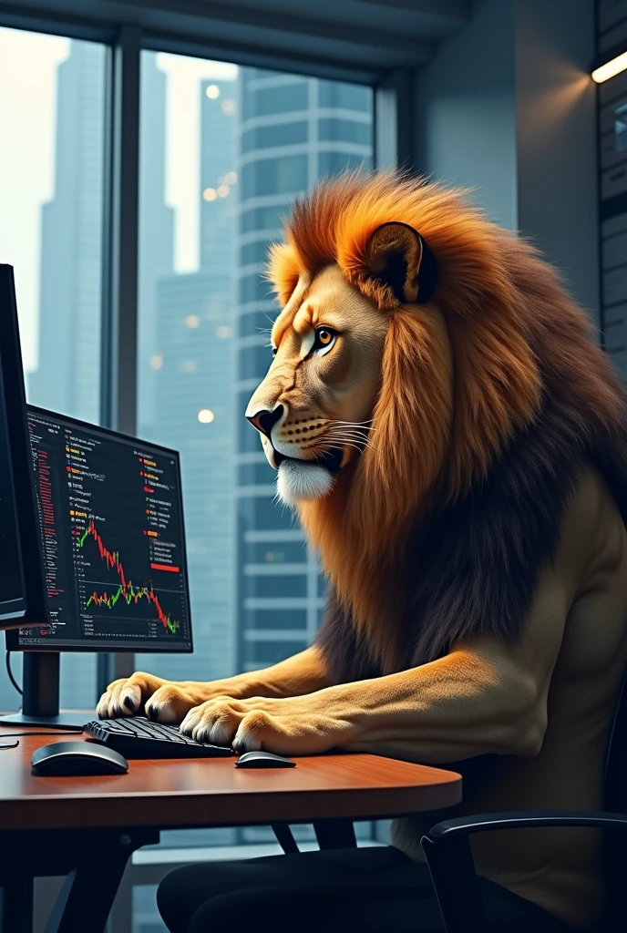 A lion trading on multiple computer screens