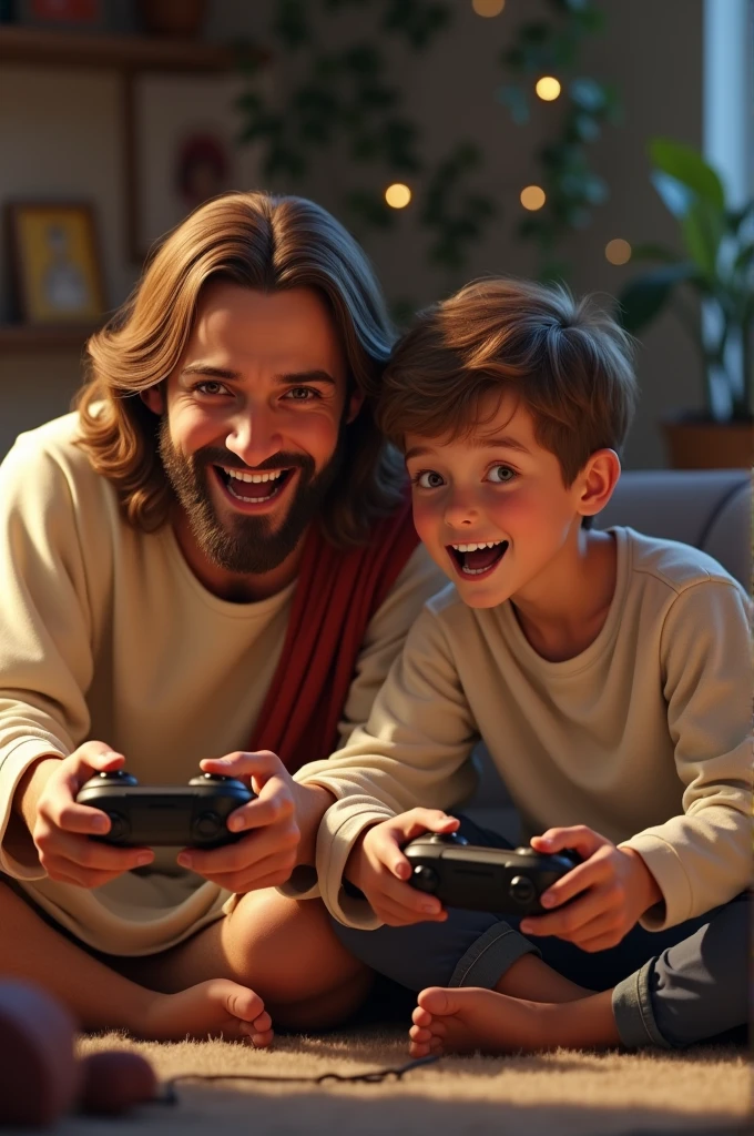 8  boy with short hair, light brown, eyes browns, sitting next to Jesus Christ and both playing PlayStation laughing, 