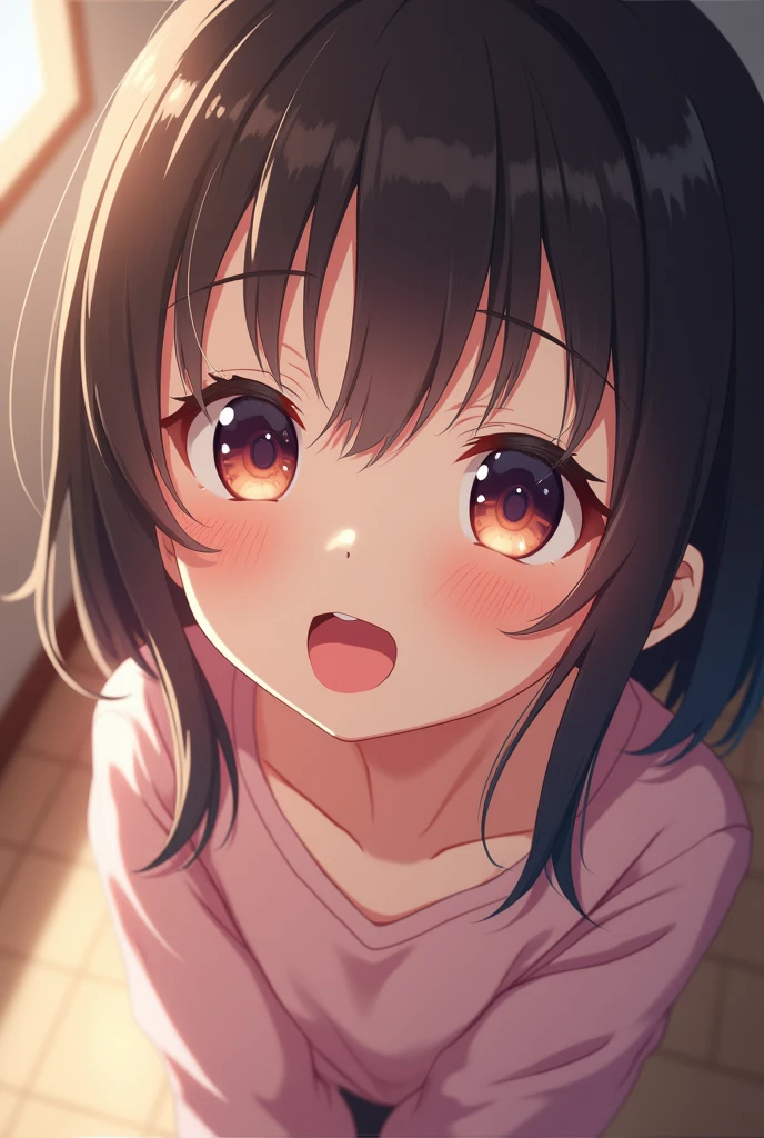 (photorealism:1.2), anime girl, cute, looking up at pov, tongue out, tongue, open mouth, mawshot, sticking tongue out, uvula