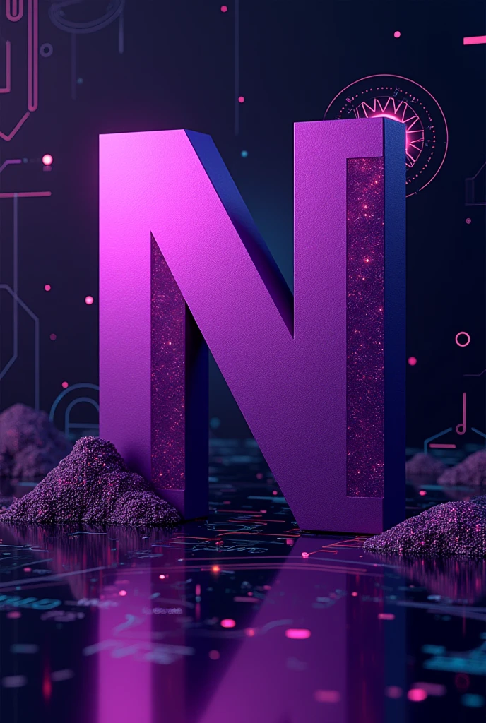 Purple letter N on a technological background facing the camera