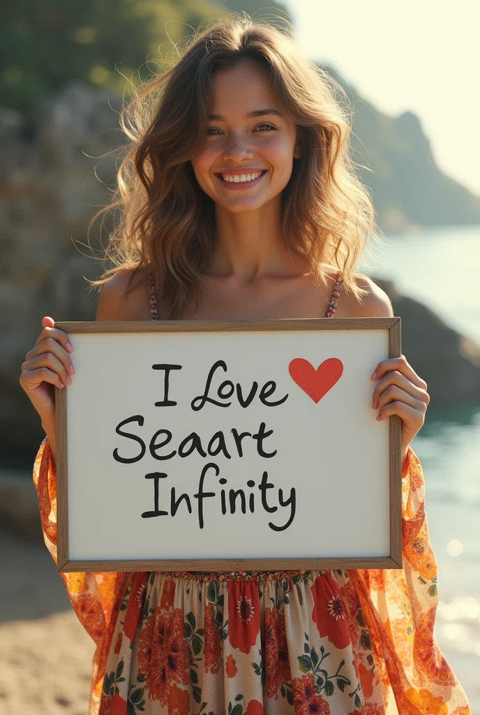 Beautiful girl with wavy long hair, bohemian dress, holding a white board with text "I Love Seaart Infinity" and showing it to the viewer