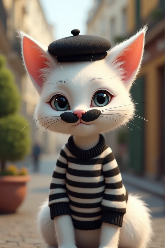 White cat with black mustache, beret and black and white striped shirt