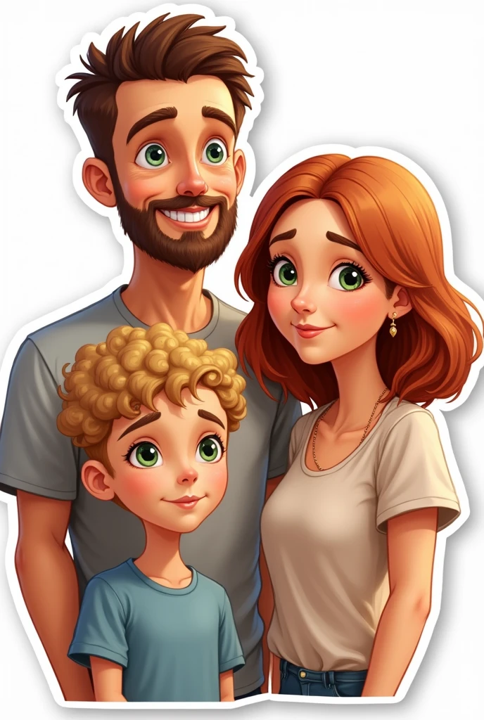 A family, A white man, Cao Cao, very short brown short hair, barba, greeneyes, next to a white woman de greeneyes com o cabelo castanho-acobreado, straight and without bangs parted in the middle, next to a white woman, greeneyes, curly and blonde hair, illustration style, sticker
