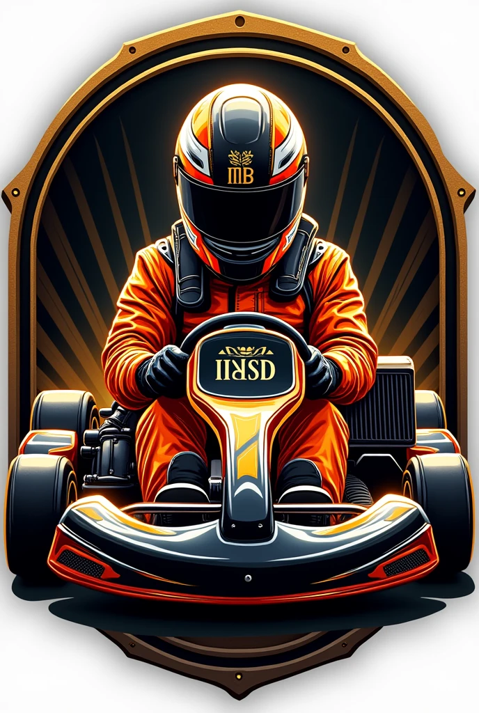 

"Create a colorful image for a kart racing competition medal sticker, enclosed within a circular border. The background of the circle should be black with gold accents. The design should feature a kart driver holding a Holy Bible, with the text 'IASD MB' clearly written on the body of the kart. The driver should be shown in a determined and focused pose, wearing a vibrant racing suit and helmet. The illustration must be professional and detailed, with all elements, including the Bible and the 'IASD MB' text, clearly visible against the black and gold background. The scene should capture the excitement and intensity of the race, with the Bible as a central, prominent element."
