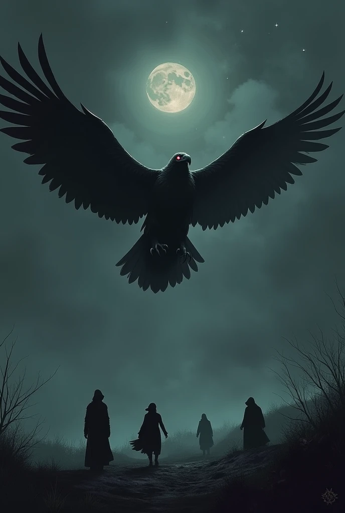 Create a vulture flying quite high in the dark sky stretching its wings but only showing black and people dressed in black