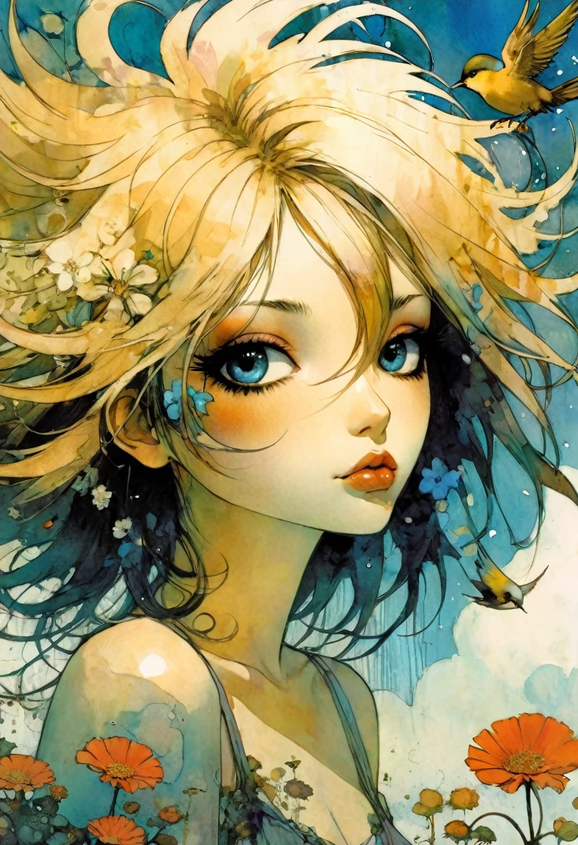 masterpiece, illustration, anime, 1girl, sexy, floral, cloud, bird, flow, hair over eyes, hair over one eye, (((ultra detailed))), softcore, kawaii, art inspired by Bill Sienkiewicz and Dave Mckean