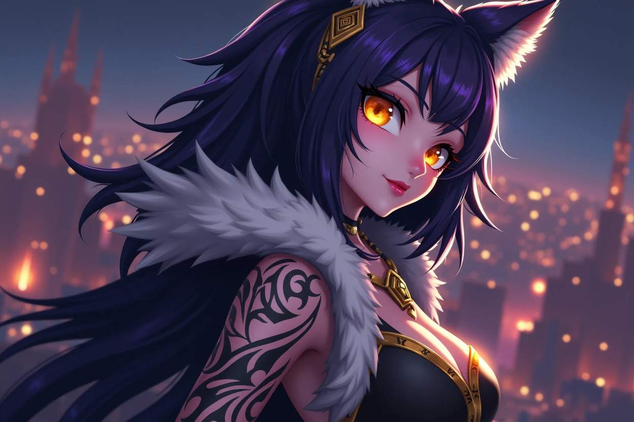Anthropomorphic wolf girl, dark purple fur, yellow eyes, tribal tattoos, in desert city, at night, highly detailed, 24k