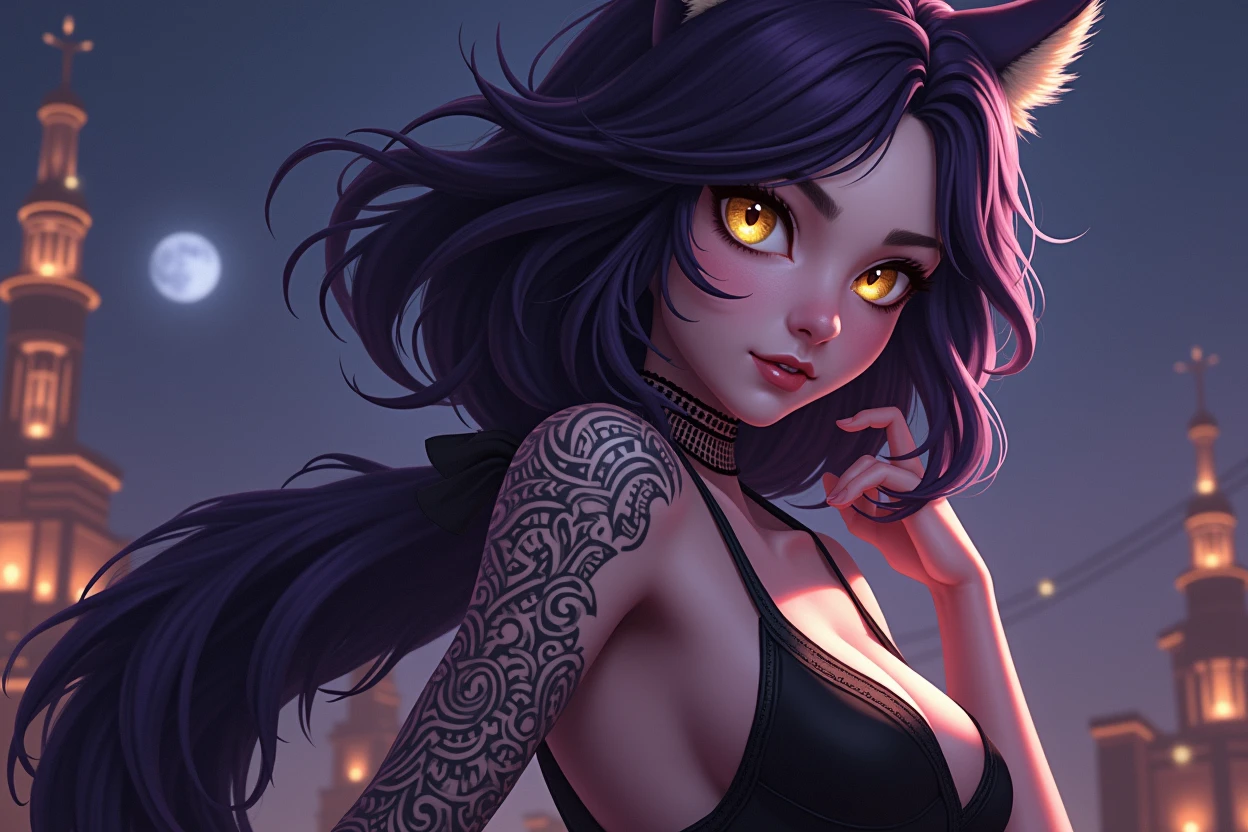 Anthropomorphic wolf girl, dark purple fur, yellow eyes, tribal tattoos, in desert city, at night, highly detailed, 24k