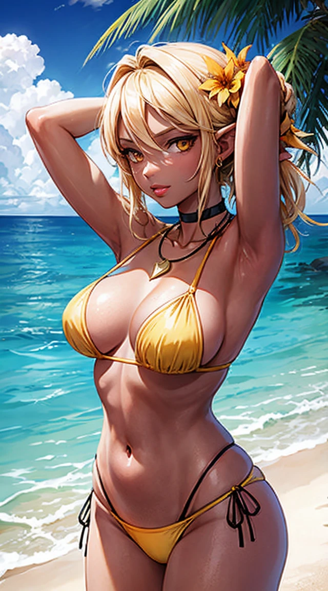 1 girl, breasts big, standing alone, dark skinned female, jewerly, long hair, Leprechaun, pointy ears, へそ, plein-air, Underarms, tree, ssmile, flowers, tatoo, swimsuit wear, 比基尼, looking ahead at viewer, giorno, dark Leprechaun, bracelete, necklase, hair ornament, arms up, palm tree, hair between the eyes, orange eyes, aretes, yellow hair, sky, hair flowers, cowboy shot, very long hair, bangss, parted lips, Stomach, blue sky, arms behind the head, choker, neckleace, nube, yellow bikini, side locks, ocean, yellow flowers, orange bikini, flowers necklase, bikini bottom only, mismatched bikini, water, clavicle, topless