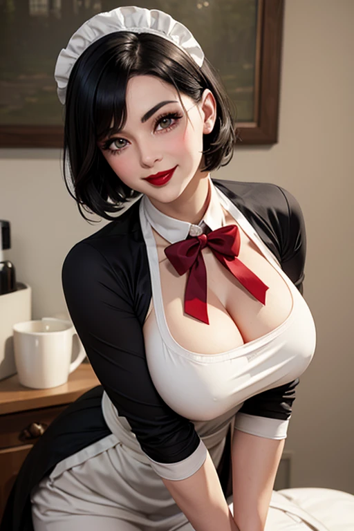 Beautiful maid with short black hair, light eyes, firm body, perfect breasts, maid uniform, white apron, red lips, smiling, charming mind, blushing cheeks 