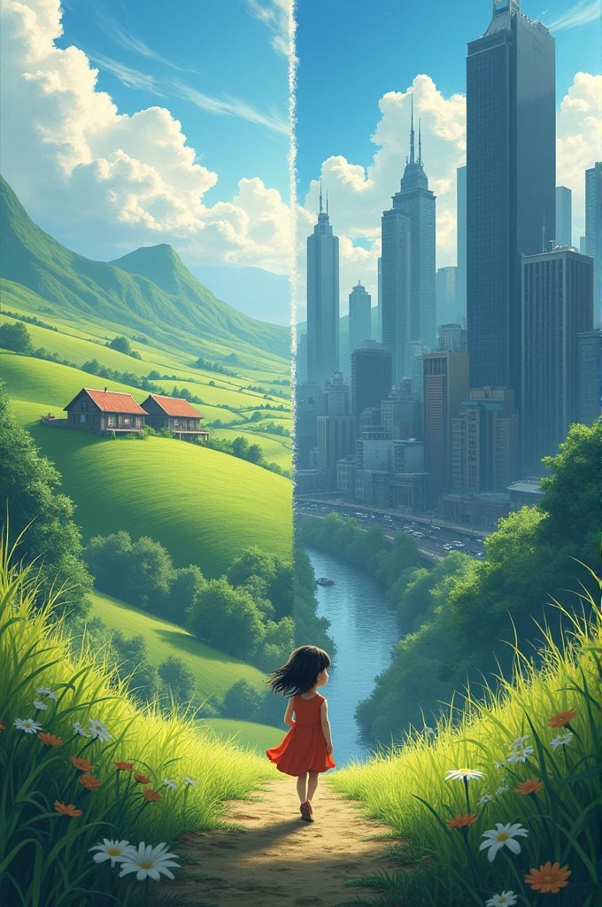 Image of two people having 2 different realities, a girl living in the countryside and a boy in the city but they are the same age.