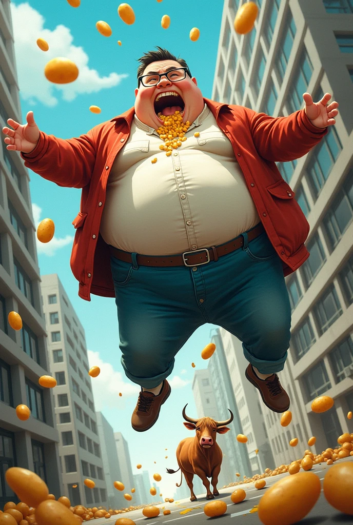 Create an image of a super mega fat guy falling from a building while eating potatoes with a cow