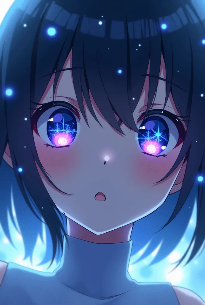 shows a close-up of a face, probably from an anime or fantasy character. The eyes are the most prominent element, Full of intricate details and vibrant colors, like deep blues, purples and bright shapes reminiscent of stars. The color palette of the image is dominated by shades of blue and white., which gives it a cosmic and ethereal feel. The artwork has a dreamlike quality, with abstract elements surrounding the face and increasing the mystical atmosphere.hting, plants in backgroun