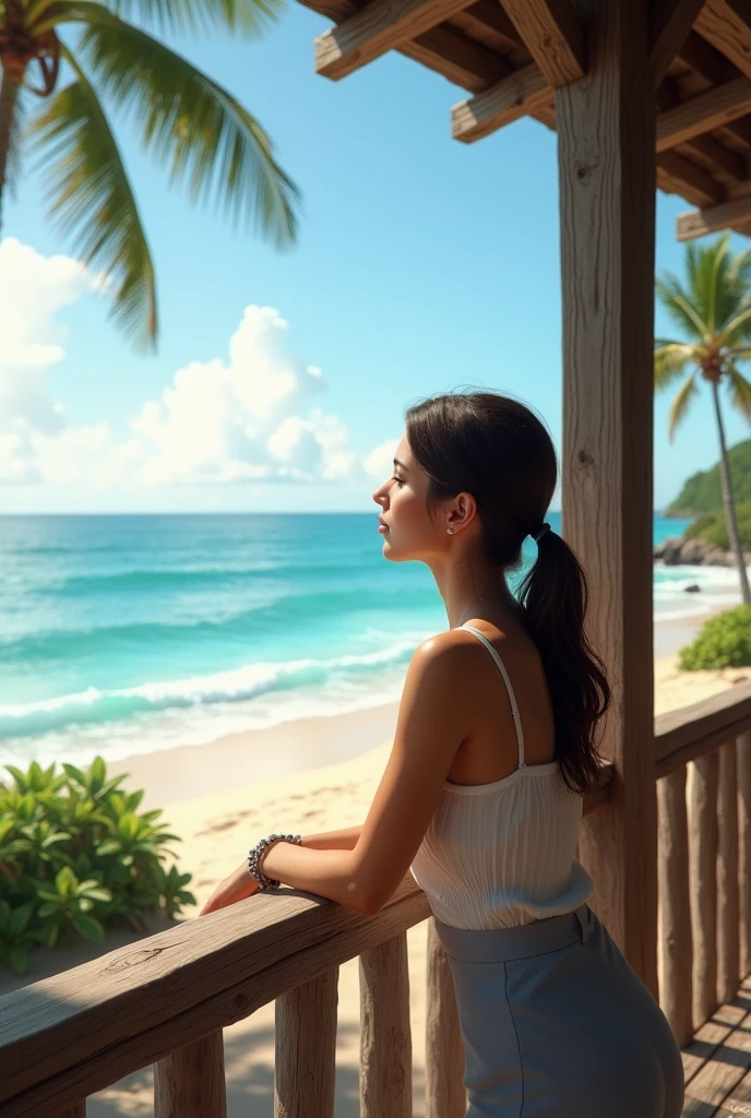 Now create a picture of the same 25-year-old young girl, on the beach, looking out to sea and in a wooden hotel. Make sure the scene looks completely natural and realistic.