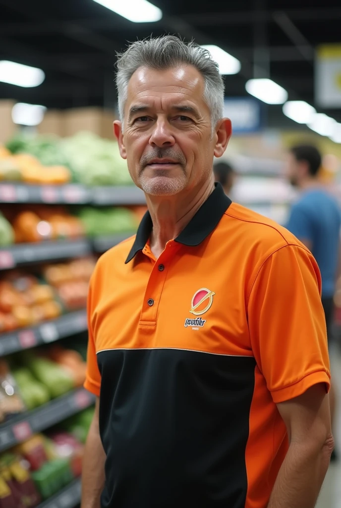 a man in the back with an orange, black and white polo shirt in a supermarket uniform with a blurred background