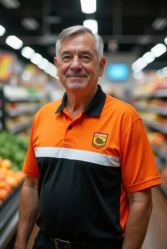 a man in the back with an orange, black and white polo shirt in a supermarket uniform with a blurred background