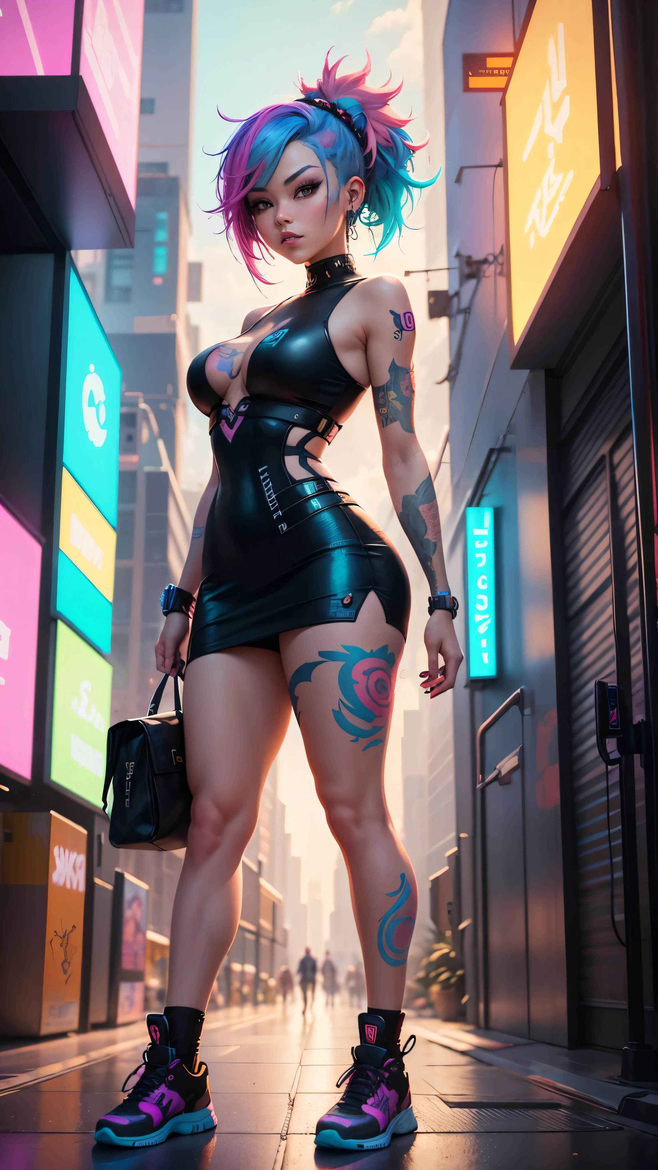 A woman with colorful hair and tattoos standing in a city., RossDraws Vibrant Pastel, rossdraws vibrant cartoons, cyberpunk vibrant colors, colorful digital painting, colorful art germ!!!, dreamy colorful cyberpunk colors, gorgeous digital art, digital cyberpunk - anime art, inspired by rossdraws, colorful aesthetics, cyberpunk style color, 80's airbrush aesthetic, Vibrant digital painting