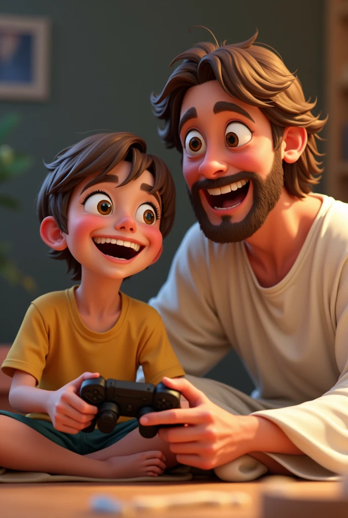  8  short hair, light brown, eyes browns, sitting next to Jesus Christ and both playing PlayStation laughing,  Disney animation style 