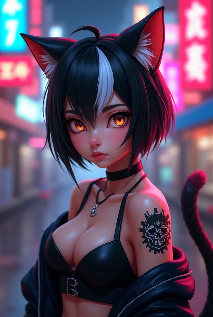(Evangeline Lilly) Digital illustration featuring a anthropomorphic feline+paws+claw+tail with a striking appearance set against a vibrant, neon-lit urban background. She has human face and black hair with a prominent white streak, styled in a modern. She has yellow eyes. Her skin is fair with a strong complexion, and she has distinct facial features including sharp eyebrows, amber-colored eyes. She wears cat ears on her head, adding a playful yet fierce element to her look. Her attire includes a black choker and a black jacket. A noticeable tattoo of a skull with a gear design is visible on her upper arm. The background is filled with colorful, blurred neon signs in various shapes and sizes, contributing to the cyberpunk aesthetic of the image. Desnuda , morena , piel oscura , culo desnudo