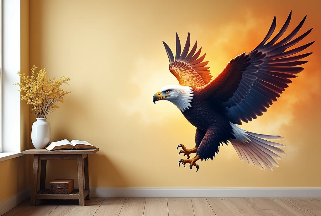 a beige wall with a colorful and vibrant eagle design on the wall, the drawing must be in the right corner of the wall, in the left corner a table with a vase with mustard seed flower and an open Bible