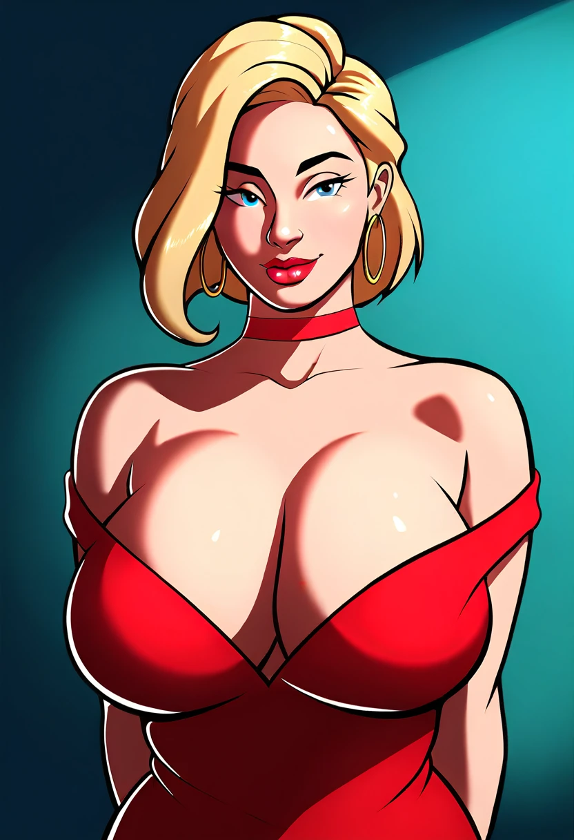 score_9, score_8_up, score_7_up, BREAK 1girl, solo, blaineleytd, hoop earrings, red choker, red dress, off-shoulder dress, cleavage, looking at viewer, portrait, light smile, mature female,