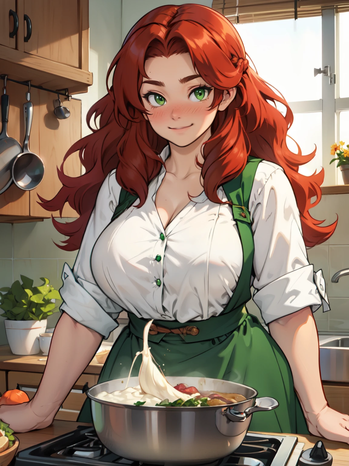 girl redhead green eyes wavy hair curly hair voluminous hair joyful kitchen large breasts thick blush