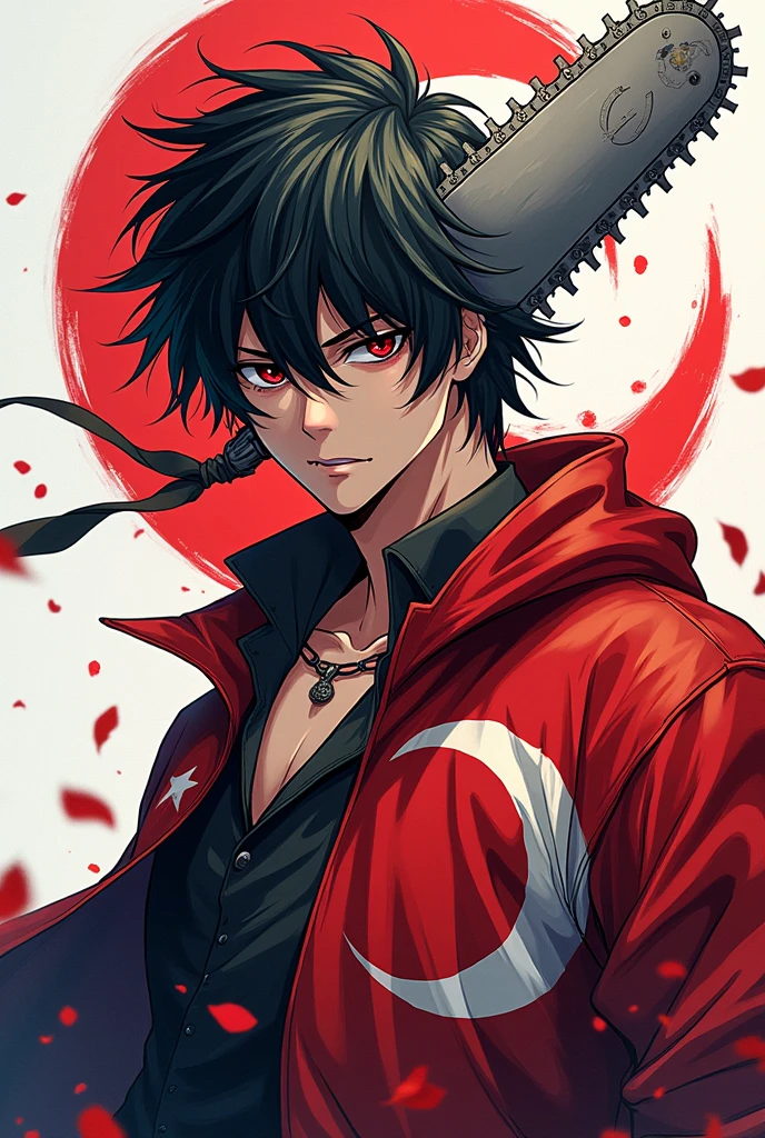 1 man, 1,83 tall, black hair with red, raza Ōkami, with a haori, anime style
