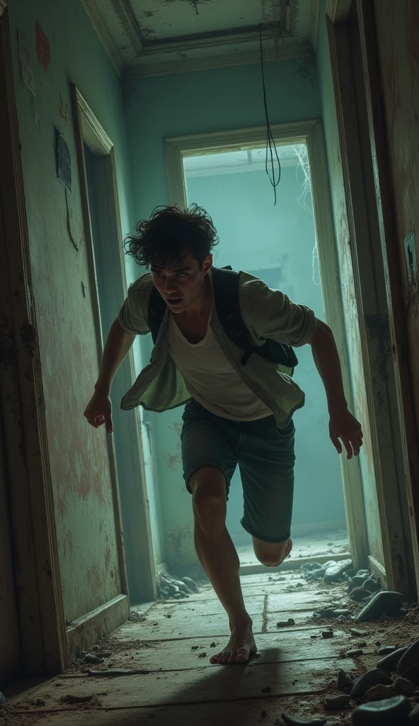 Young man running scared in an abandoned house