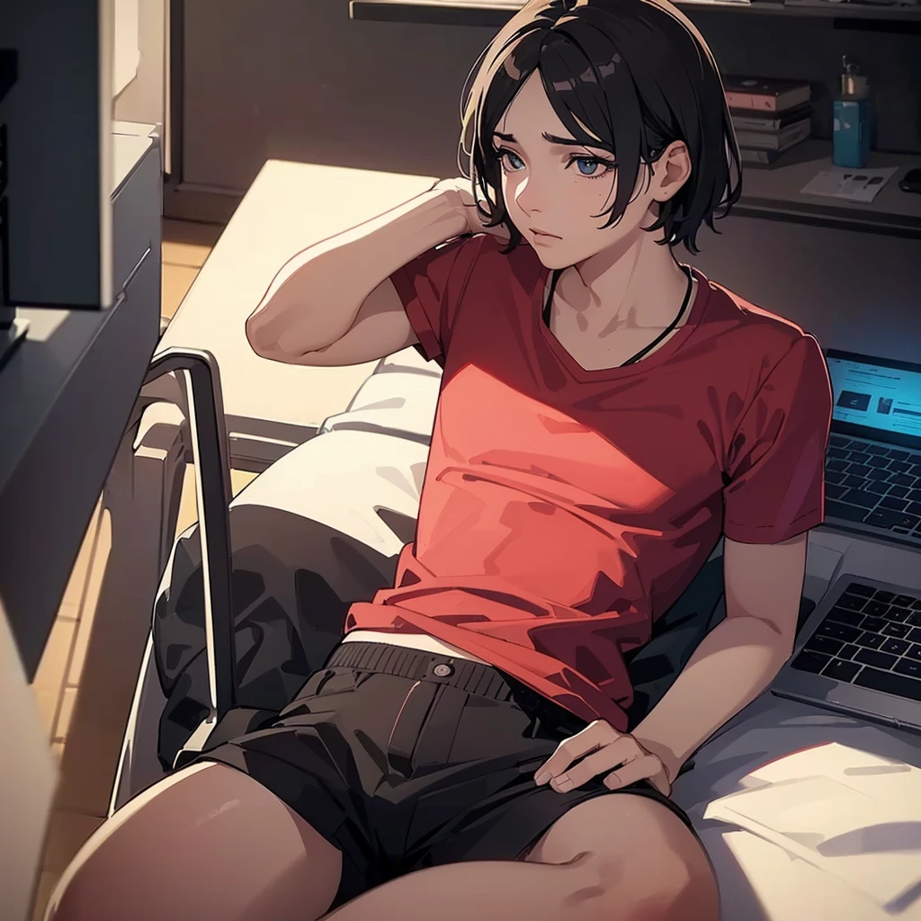 a feminine man sitting in front of a computer, wearing a shirt and shorts, detailed face and expression, cinematic lighting, digital art, photorealistic, highly detailed, 8k, (best quality,4k,8k,highres,masterpiece:1.2),ultra-detailed,(realistic,photorealistic,photo-realistic:1.37),dramatic lighting,moody atmosphere,warm color tones