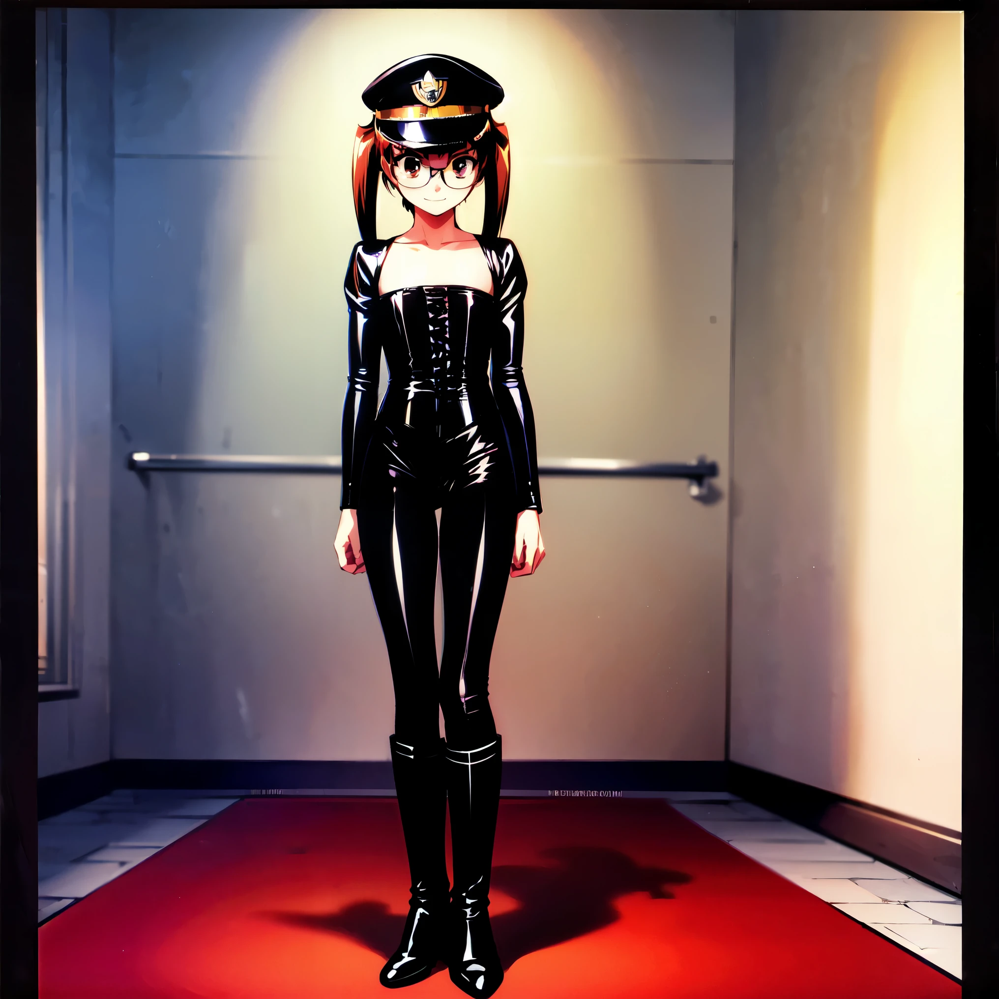 ((full body)), (((SFW))), athletic body, masterpiece, best quality, anime, anatomically accurate, detailed face, pretty face, extremely detailed face, (((1girl))), tall girl, long hair, long legs, slender body, small breasts, flat chest, twintails hair, brown hair, (((framed glasses))), ((standing near bed))), glossy skin, (((black leather peaked cap))), (((black leather corset))), (((black leather panties))), (((black leather high boots))) (((dominatrix clothes))), bedroom, smirk, brown eyes, mesmerizing hair, slender hips, thin waist, (perfect feet with fingers very well detailed), (Perfect hands and fingers very well detailed), toenails a little square, bare feet, full body photo, reflection in the eye, dark eyes, anime, Anime Style, cinematic lighting, ray tracing, panorama, Sony FE, high definition, artwork, Anatomically Correct, Textuvermelho Skin, super detail, high quality, high resolution, high definition
