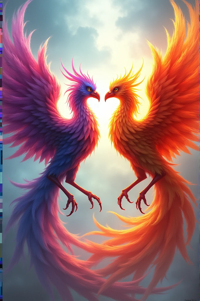 I need two phoenixes, one facing the other..another in vibrant colors violet red orange yellow blue