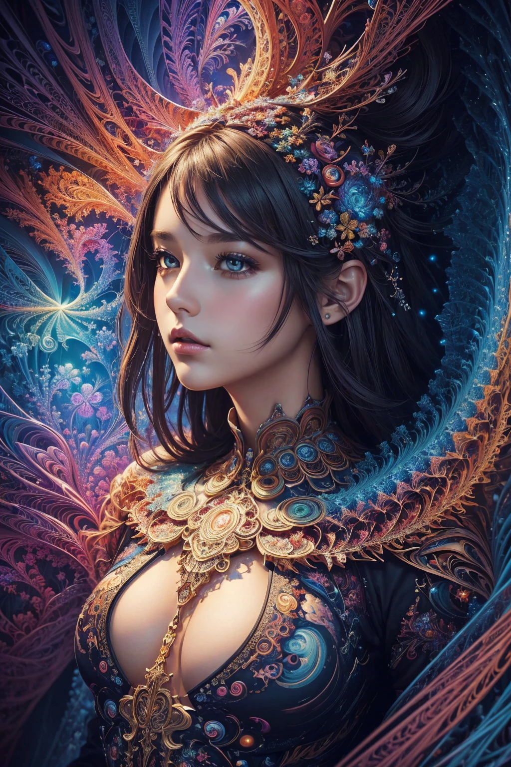 (masterpiece, top quality, best quality, official art, beautiful and aesthetic:1.2), (1girl),upper body, extreme detailed,(fractal art:1.3),colorful,highest detailed