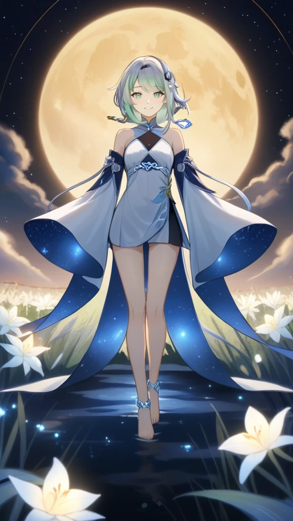 1girl, guizhong_\(genshin_impact\),light grey hair,short_hair_with_long_locks,starry_sky_print,detached_sleeves, long sleeves_past_fingers,hanfu,illustrated by matsuryuu and agahari and dsmile,pale blue eyes,stunning field of softly glowing blue and white glaze lilies,night scene,gentle smile,moonlight,glossy lips,vivid anime coloring,cel shading,smooth, soft dreamy focus,anklet,halter_top,white clothes,highly detailed,digital painting,field of flowers,bare_shoulders,wlop,barefoot,cool night tones, magical night scene,masterpiece, best quality, film, professional, 4k, highly detailed,Guardian nebula of rainbow light and silvery vapor,starry,cosmic,goddess,rich color,silver moon,walking on water,starry reflection,glowing ripples